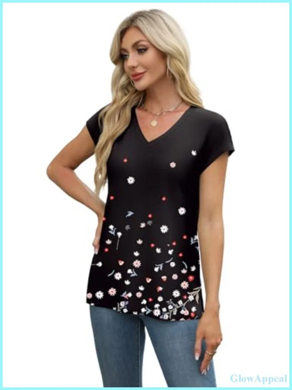 Womens V Neck Cap Sleeve Loose Fit Tee Shirt Eyelet Printed Summer Top
